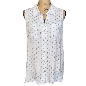 Just Living White Sleeveless Button Down With Blue Anchor Pattern Size S